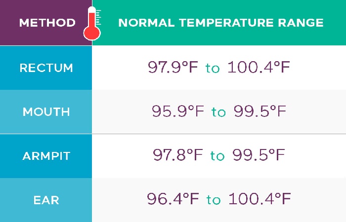 Chart of normal temperature changes in the human body - 36.4 c to f